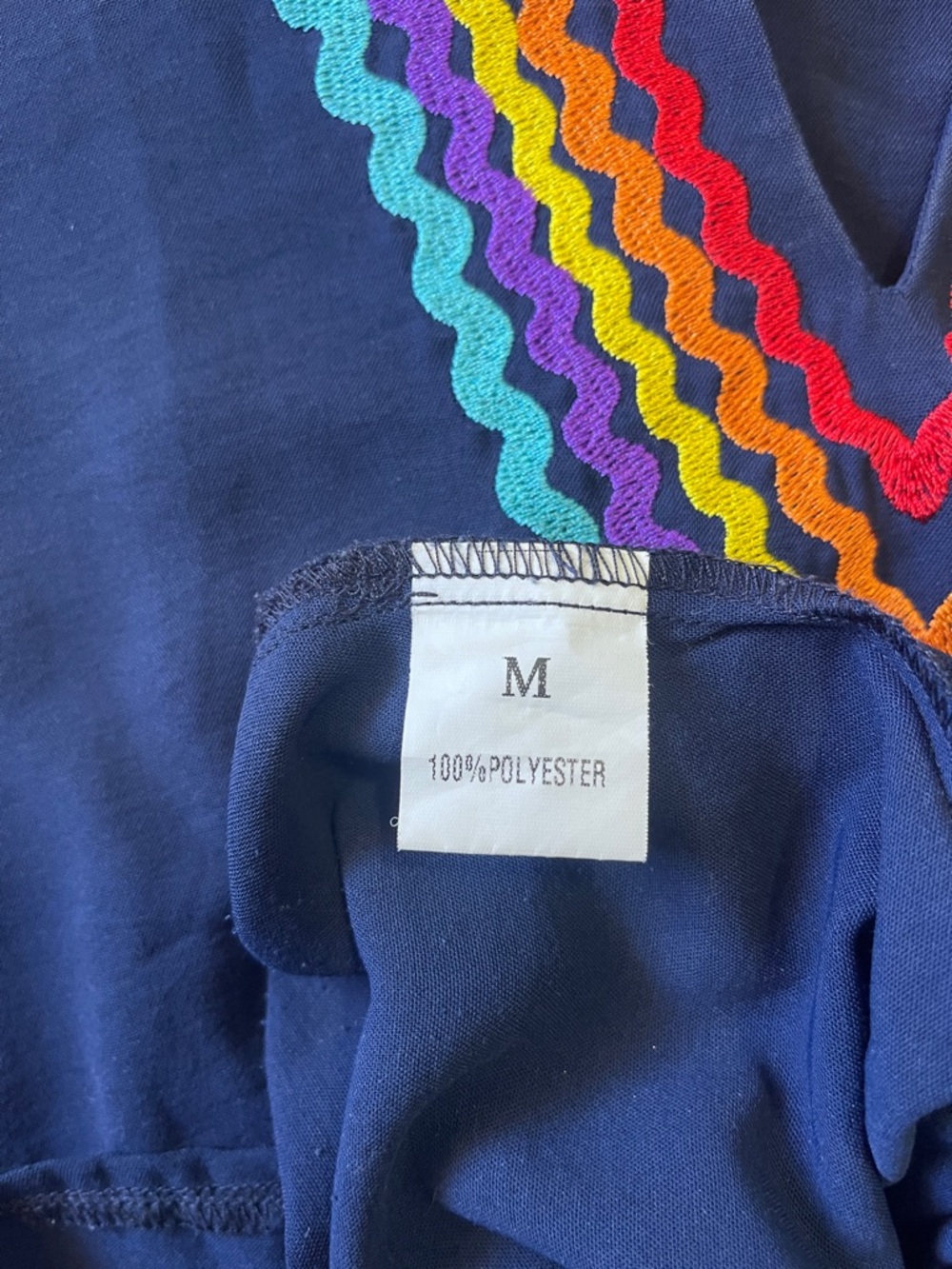 Women’s Navy Embroidered V-Neck Top with Rainbow Trim size medium. - Picture 2 of 3